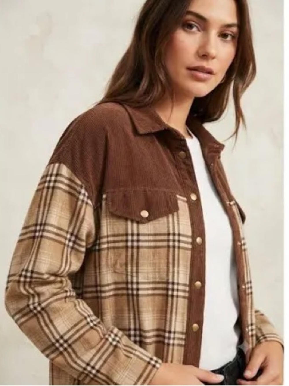 Altar’d State Small Brown Cream Checkered Plaid Button Up Fall Corduroy Shacket